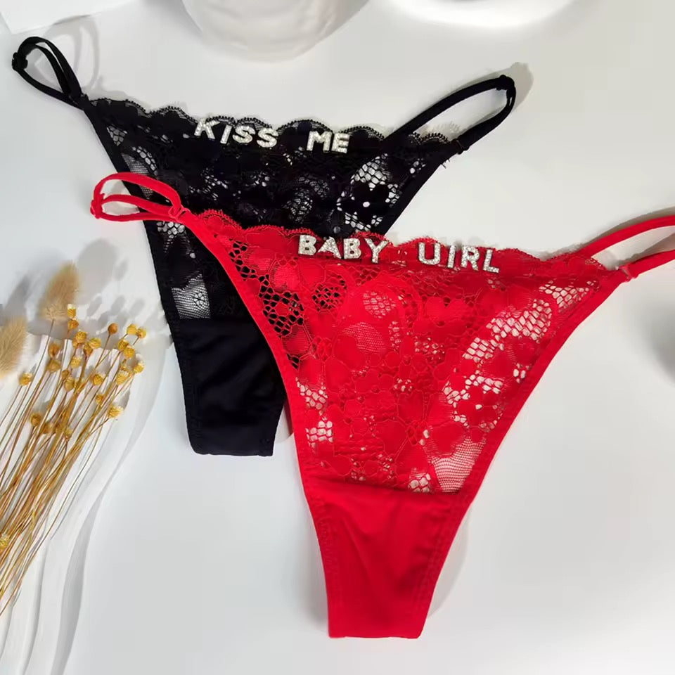 Custom Rhinestone Letter Lace Thong – Personalized Sexy Panties, Women’s Lingerie Gift